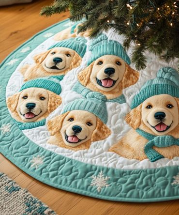 Winter Puppy Parade Tree Skirt — Custom Handcrafted Holiday Skirt With Marching Puppies Motif, Personalized Options, Premium Felt Construction