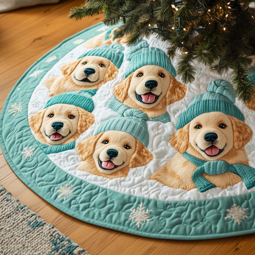 Winter Puppy Parade Tree Skirt — Custom Handcrafted Holiday Skirt With Marching Puppies Motif, Personalized Options, Premium Felt Construction