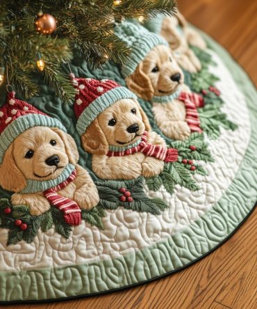 Cozy Puppy Holiday Tree Skirt — Custom Handcrafted Christmas Skirt With Cute Puppy Motif, Personalized, Soft Felt, Multiple Sizes Available