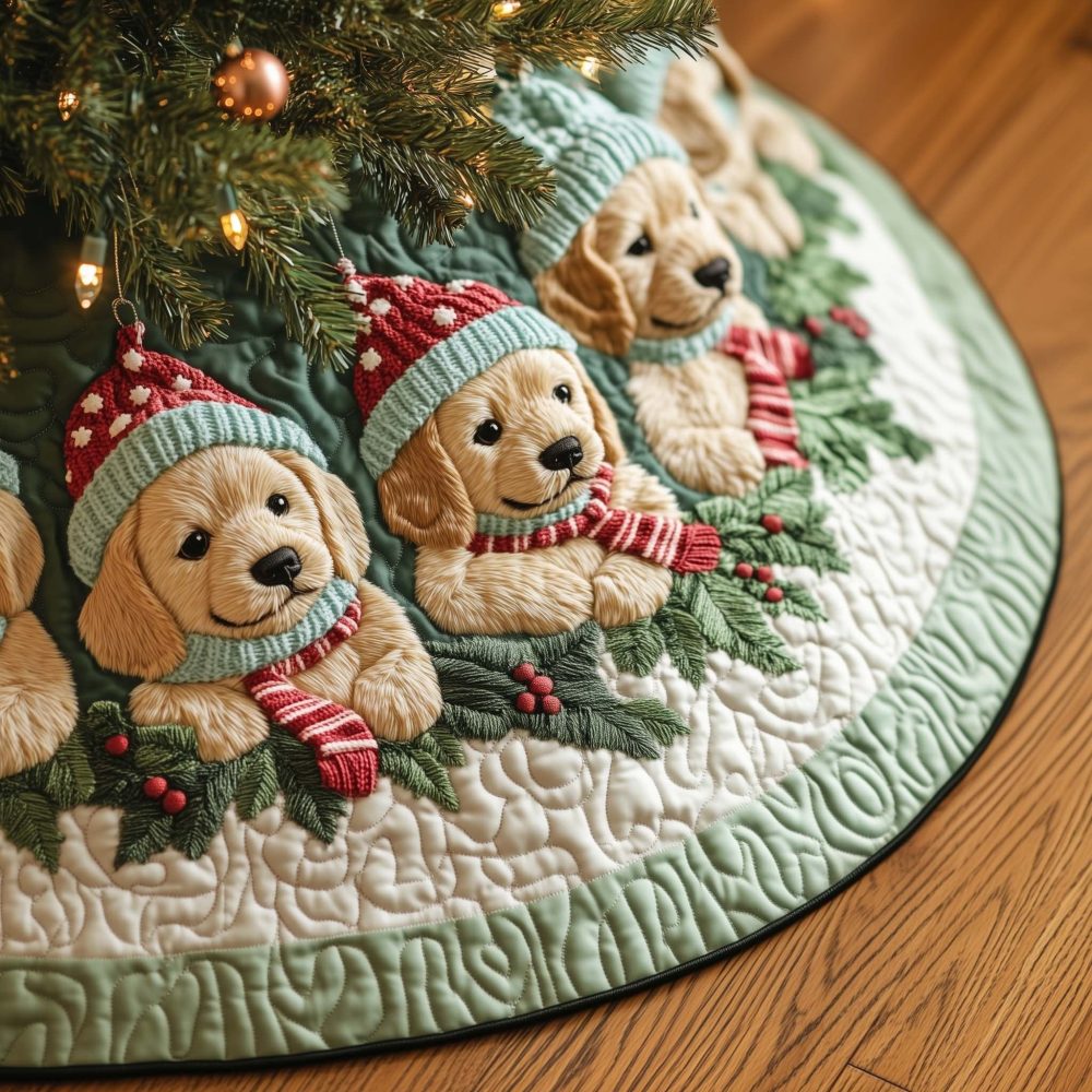 Cozy Puppy Holiday Tree Skirt — Custom Handcrafted Christmas Skirt With Cute Puppy Motif, Personalized, Soft Felt, Multiple Sizes Available
