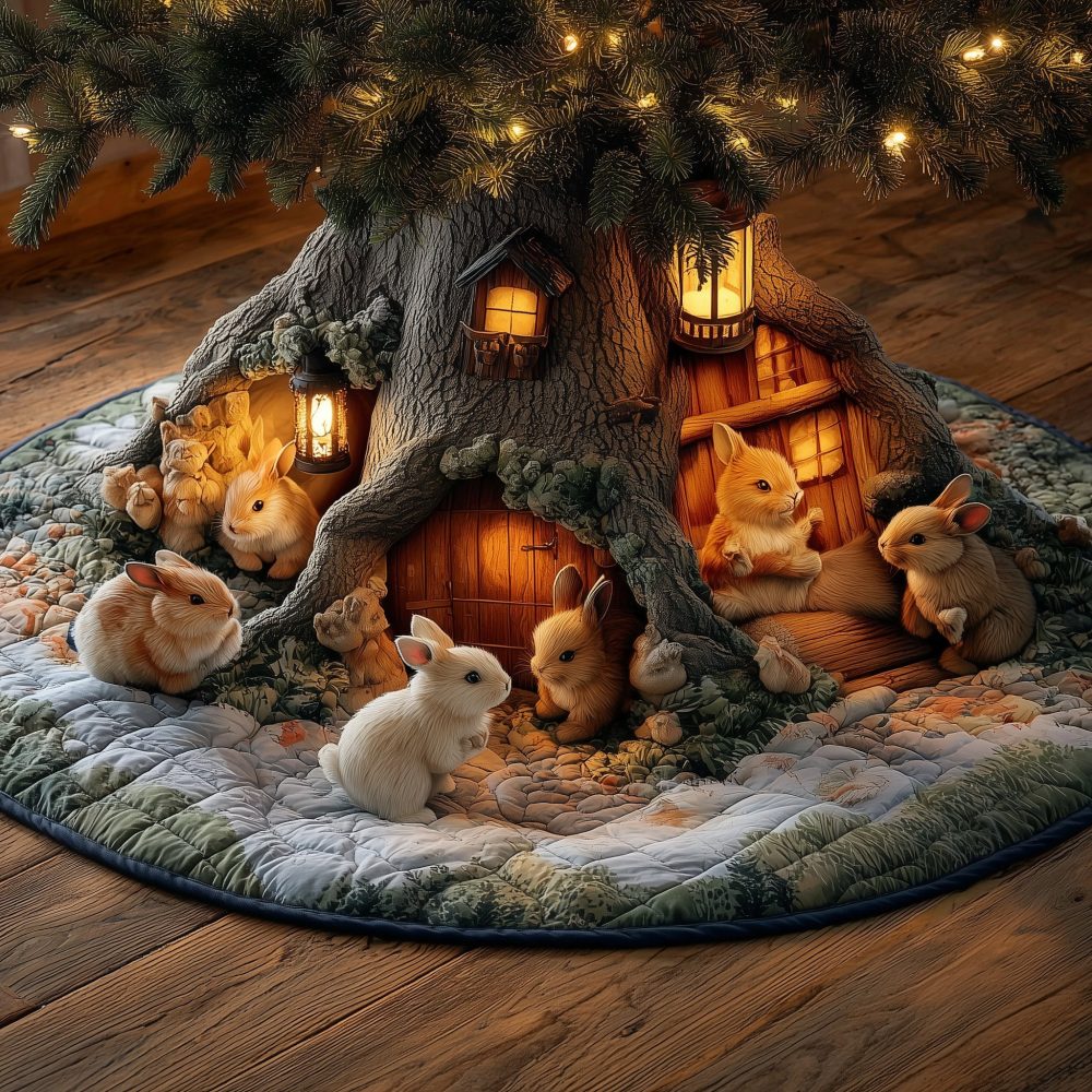 Enchanted Burrow Village Tree Skirt — Custom Handcrafted Holiday Skirt With Mini Village Scene, Personalized Name Option, Premium Wool-Felt