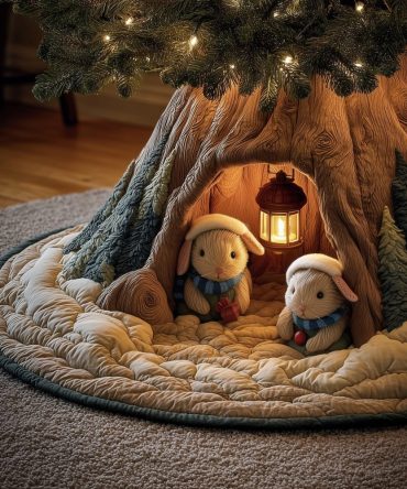 Snowy Burrow Holiday Tree Skirt — Handcrafted Winter Bunny & Cottage Scene, Custom-Made To Order, Personalized, Premium Felt, Multiple Sizes