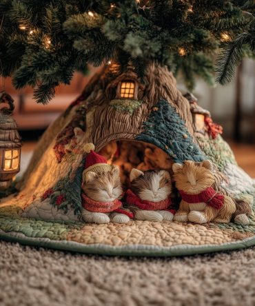 Cozy Kitty Cottage Holiday Tree Skirt — Charming Cat Cottage Christmas Tree Skirt, Handmade Custom Options For Pet Lovers & Seasonal Home Decor