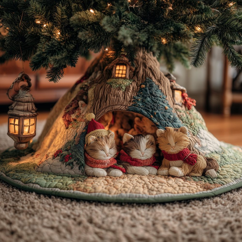 Cozy Kitty Cottage Holiday Tree Skirt — Charming Cat Cottage Christmas Tree Skirt, Handmade Custom Options For Pet Lovers & Seasonal Home Decor