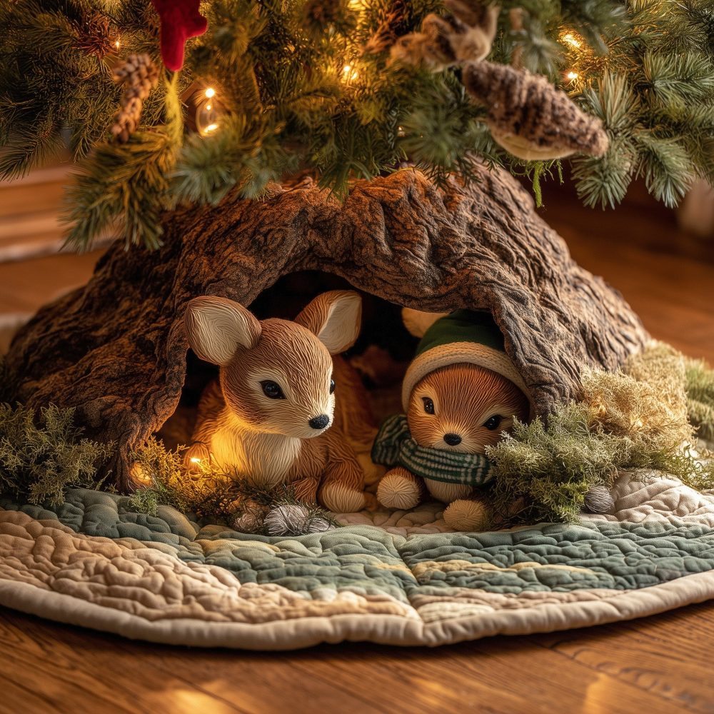 Woodland Friends Holiday Tree Skirt — Custom-Made Handcrafted Skirt With Deer, Fox & Squirrel Motif, Personalized, Soft Felt Options