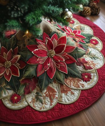Poinsettia Blossom Holiday Tree Skirt — Classic Red Floral Handmade Christmas Tree Skirt, Custom Sizes & Gift-Ready Presentation For Festive Homes