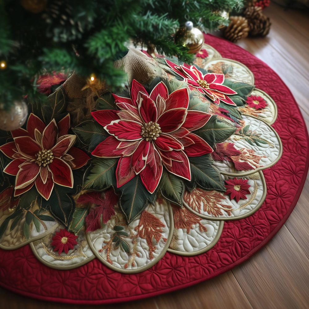 Poinsettia Blossom Holiday Tree Skirt — Classic Red Floral Handmade Christmas Tree Skirt, Custom Sizes & Gift-Ready Presentation For Festive Homes