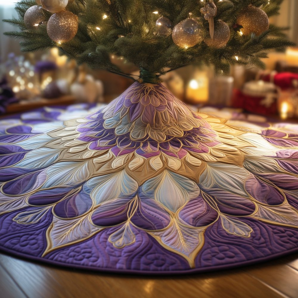 Twilight Petal Holiday Tree Skirt — Romantic Floral & Jewel-Tone Christmas Tree Skirt, Handmade Custom Design For Luxurious Seasonal Ambience