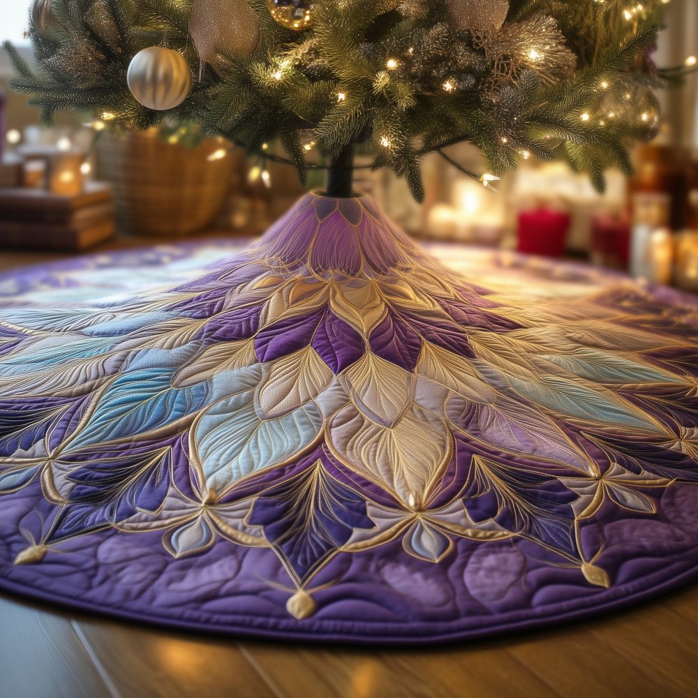 Amethyst Bloom Luxury Holiday Tree Skirt — Elegant Purple Floral Christmas Tree Skirt, Custom Handmade Design For Chic Seasonal Home Decor