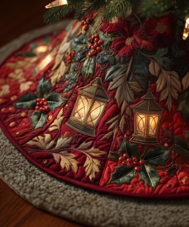 Radiant Holly Glow Holiday Tree Skirt — Festive Handmade Holly & Berry Christmas Tree Skirt, Custom Sizes, Colors & Holiday Accent Options
