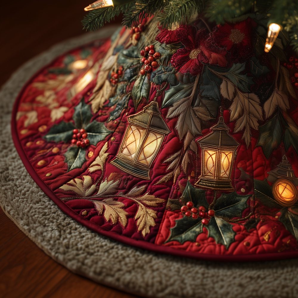 Radiant Holly Glow Holiday Tree Skirt — Festive Handmade Holly & Berry Christmas Tree Skirt, Custom Sizes, Colors & Holiday Accent Options