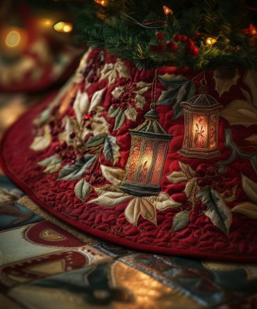 Golden Lantern Holiday Tree Skirt — Warm Lantern & Gold Accent Christmas Tree Skirt, Handmade Custom Design For Elegant Festive Décor & Gifting