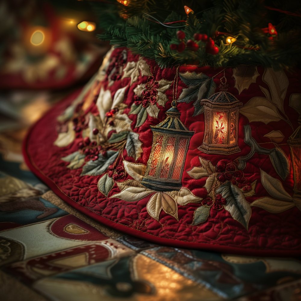 Golden Lantern Holiday Tree Skirt — Warm Lantern & Gold Accent Christmas Tree Skirt, Handmade Custom Design For Elegant Festive Décor & Gifting