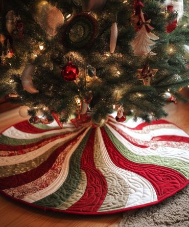 Candy Swirl Holiday Tree Skirt — Vibrant Candy Stripe Christmas Tree Skirt, Custom Handmade Festive Floor Covering For Colorful Holiday Displays