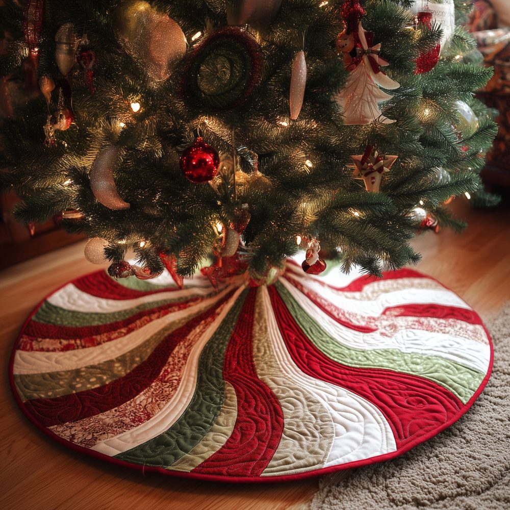 Candy Swirl Holiday Tree Skirt — Vibrant Candy Stripe Christmas Tree Skirt, Custom Handmade Festive Floor Covering For Colorful Holiday Displays