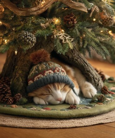 Cozy Cat Nap Holiday Tree Skirt — Soft Handmade Cat-Themed Christmas Tree Skirt For Pet Lovers, Custom Sizes & Color Options, Gift For Cat Owners
