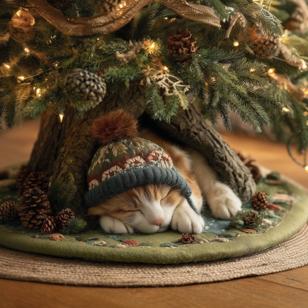 Cozy Cat Nap Holiday Tree Skirt — Soft Handmade Cat-Themed Christmas Tree Skirt For Pet Lovers, Custom Sizes & Color Options, Gift For Cat Owners