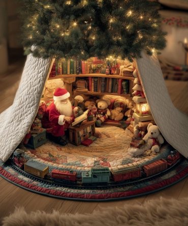 Santa Storytime Personalized Tree Skirt — Handmade Christmas Skirt With Storytime Illustration, Custom Holiday Keepsake