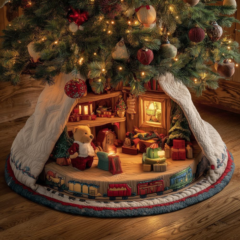 Adorable Teddy Workshop Holiday Tree Skirt — Plush Handmade Christmas Tree Skirt, Custom Kids’ Themed Decor & Gift-Ready Seasonal Accent