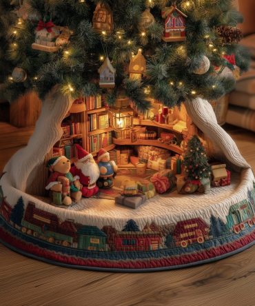 Santa Library Holiday Tree Skirt — Handcrafted Christmas Tree Skirt With Santa & Books Motif, Personalized Gift-Ready Decor