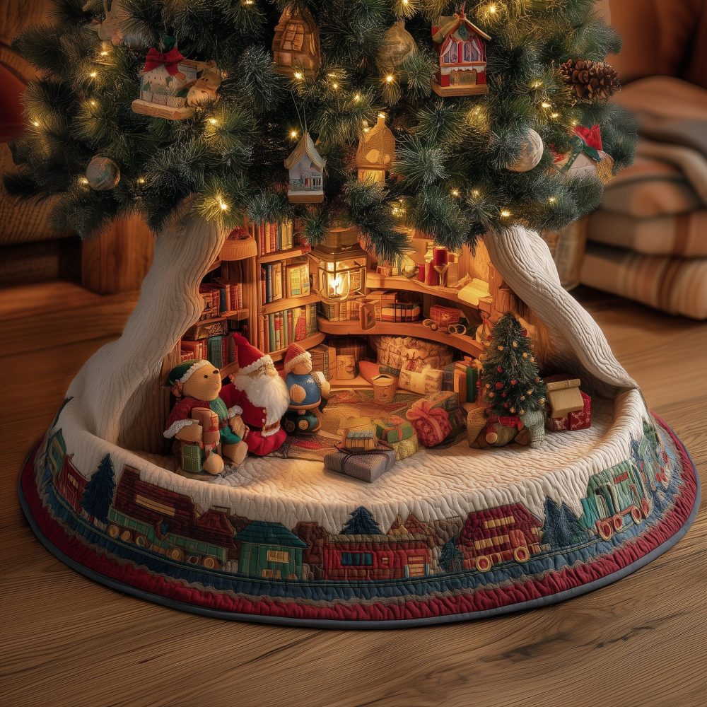Santa Library Holiday Tree Skirt — Handcrafted Christmas Tree Skirt With Santa & Books Motif, Personalized Gift-Ready Decor