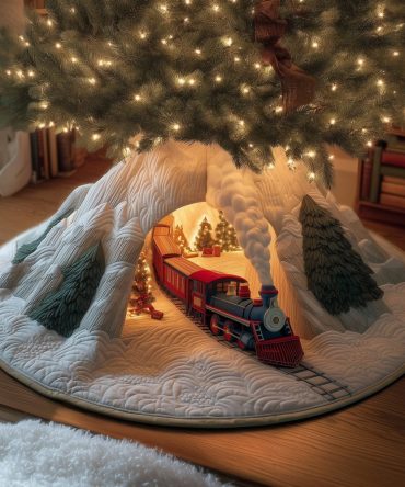 Classic Winter Express Holiday Tree Skirt — Elegant Handmade Snow Train Christmas Tree Skirt, Custom Sizes, Premium Fabrics & Festive Detail
