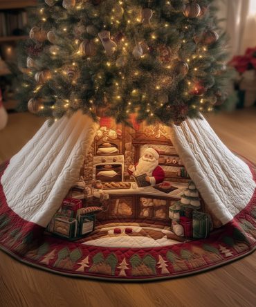 Santa Bakery Holiday Tree Skirt — Handmade Christmas Tree Skirt With Charming Bakery Design, Personalized & Custom Sizes