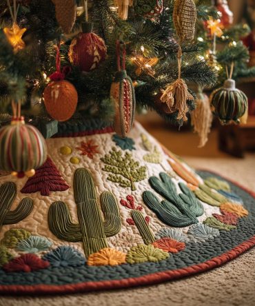 Desert Sunset Cactus Garden Christmas Tree Skirt — Custom-Made Holiday Skirt With Warm Sunset Palette For Southwestern Homes