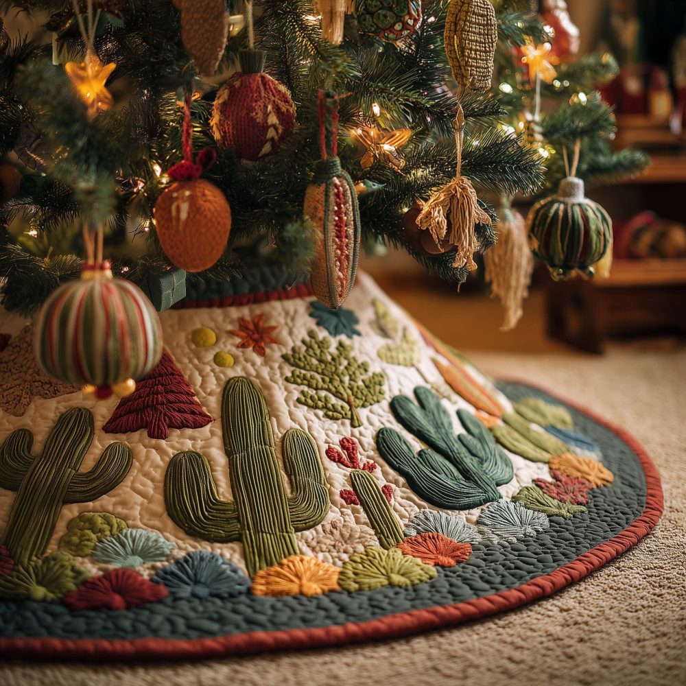 Desert Sunset Cactus Garden Christmas Tree Skirt — Custom-Made Holiday Skirt With Warm Sunset Palette For Southwestern Homes