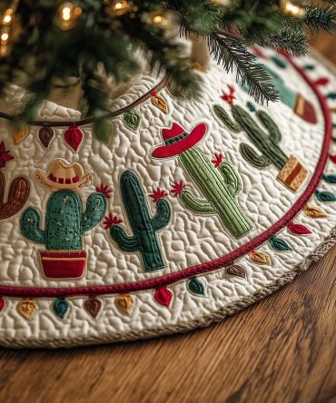 Festive Cactus Christmas Tree Skirt — Unique Handmade Holiday Skirt, Southwestern Themed Christmas Decor, Customizable