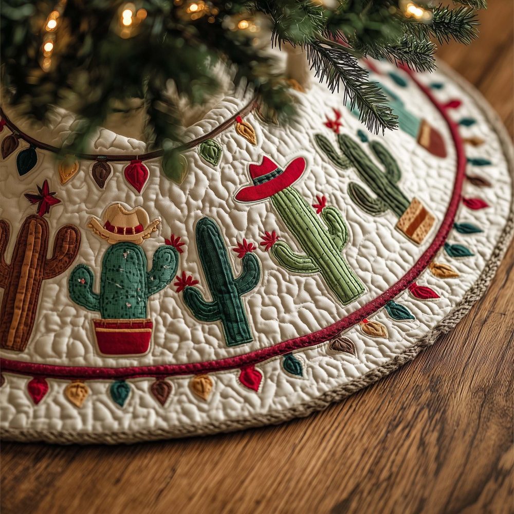 Festive Cactus Christmas Tree Skirt — Unique Handmade Holiday Skirt, Southwestern Themed Christmas Decor, Customizable