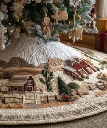 Cream Desert Barn Christmas Tree Skirt With Cactus Motif — Custom-Made Holiday Tree Skirt For Neutral Farmhouse Décor