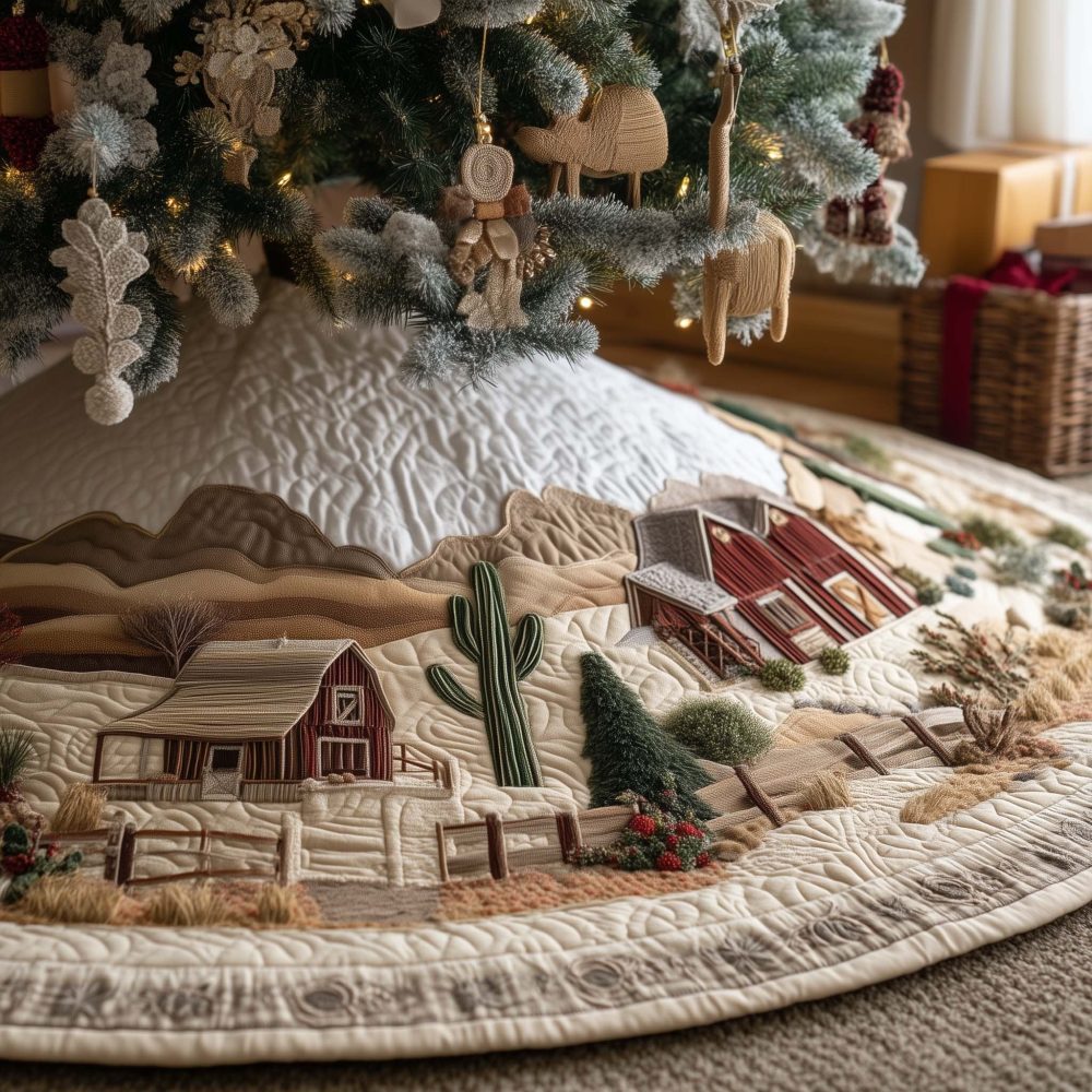 Cream Desert Barn Christmas Tree Skirt With Cactus Motif — Custom-Made Holiday Tree Skirt For Neutral Farmhouse Décor