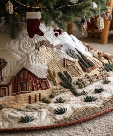 Festive Red Barn & Desert Cactus Christmas Tree Skirt — Custom-Made Holiday Tree Skirt For Farmhouse Style