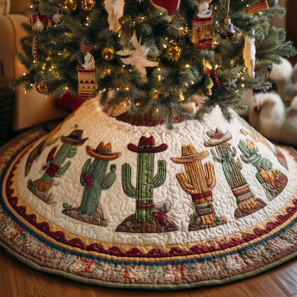 Playful Cacti Wearing Cowboy Hats Christmas Tree Skirt — Custom Western Holiday Tree Skirt, Fun Southwestern Decor