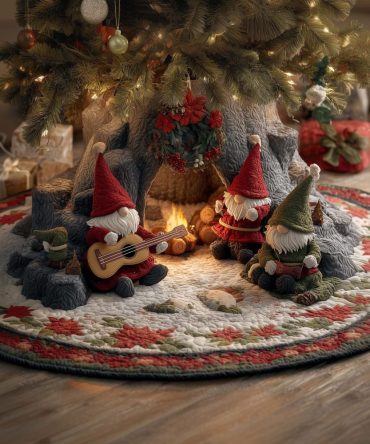 Whimsical Gnome Campfire Holiday Tree Skirt — Custom Handmade Christmas Tree Skirt With Rustic Gnome Design, Perfect Cozy Seasonal Decor