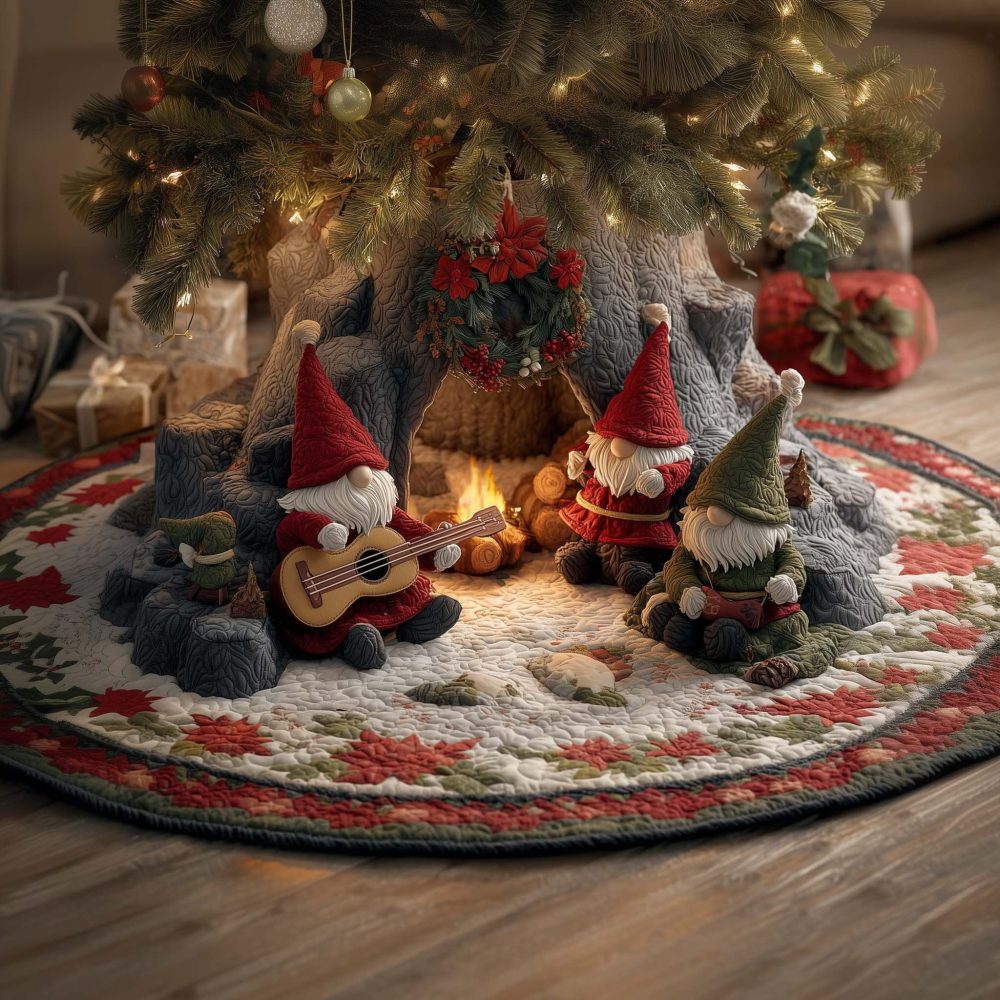 Whimsical Gnome Campfire Holiday Tree Skirt — Custom Handmade Christmas Tree Skirt With Rustic Gnome Design, Perfect Cozy Seasonal Decor