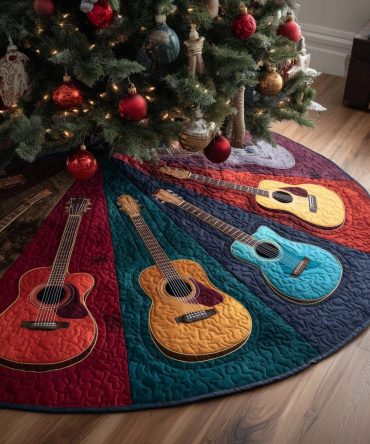 Vibrant Guitar-Themed Holiday Tree Skirt — Custom Handmade Christmas Tree Skirt For Musicians, Unique Festive Decor & Gift-Ready