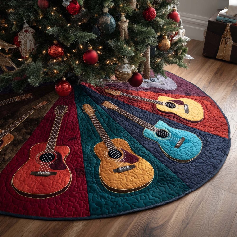 Vibrant Guitar-Themed Holiday Tree Skirt — Custom Handmade Christmas Tree Skirt For Musicians, Unique Festive Decor & Gift-Ready