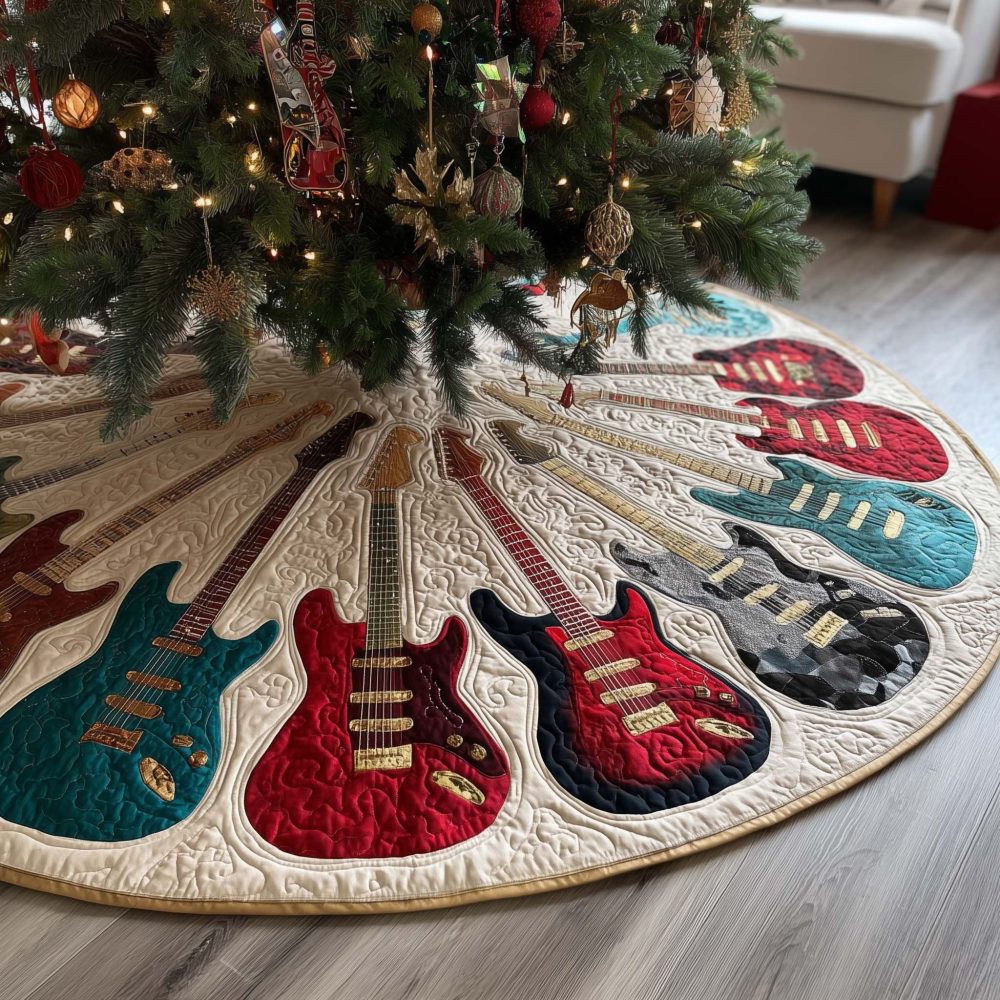 Classic Electric Guitar Holiday Tree Skirt - Custom Made-To-Order Rock & Roll Christmas Tree Skirt For Musicians