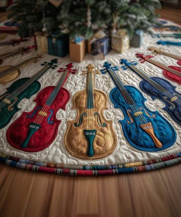 Vibrant Violin Print Holiday Tree Skirt - Custom Made-To-Order Colorful Christmas Tree Skirt For Music Lovers & Gifts