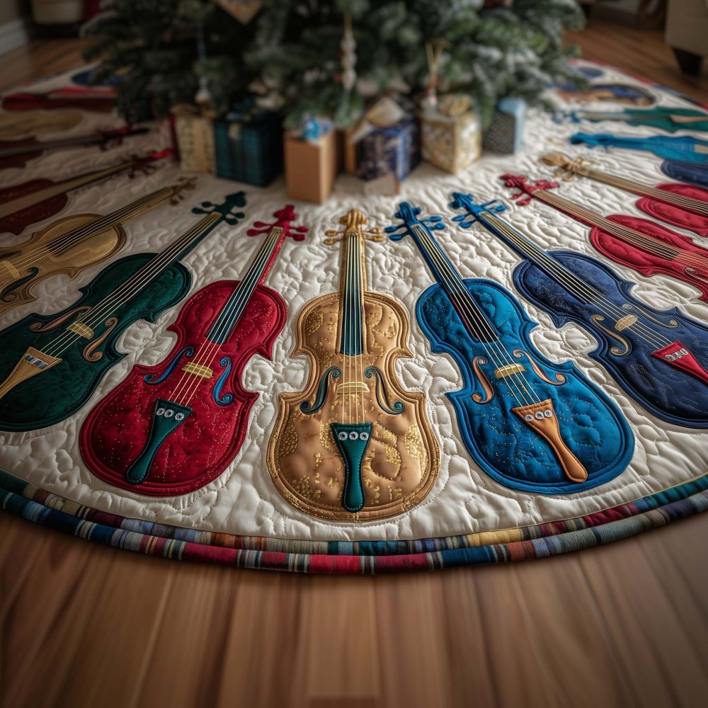 Vibrant Violin Print Holiday Tree Skirt - Custom Made-To-Order Colorful Christmas Tree Skirt For Music Lovers & Gifts