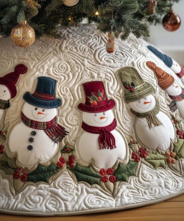Cheerful Hatted Snowmen Holiday Tree Skirt - Custom Made-To-Order Festive Christmas Tree Skirt With Snowman Designs