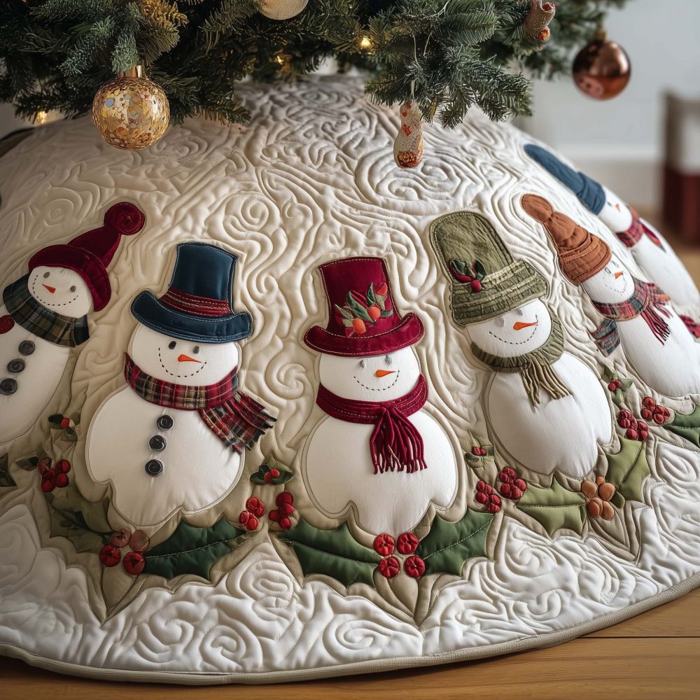 Cheerful Hatted Snowmen Holiday Tree Skirt - Custom Made-To-Order Festive Christmas Tree Skirt With Snowman Designs