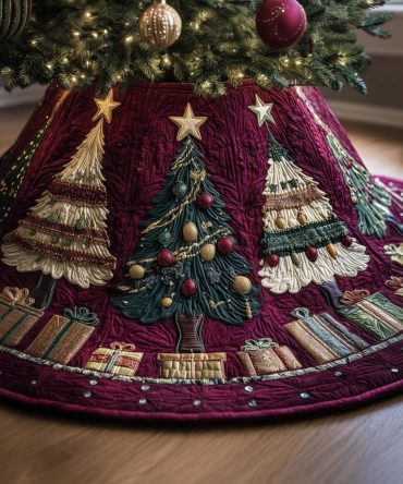 Starry Winter Trees Christmas Tree Skirt - Custom Made-To-Order Holiday Skirt With Sparkling Night Forest Design