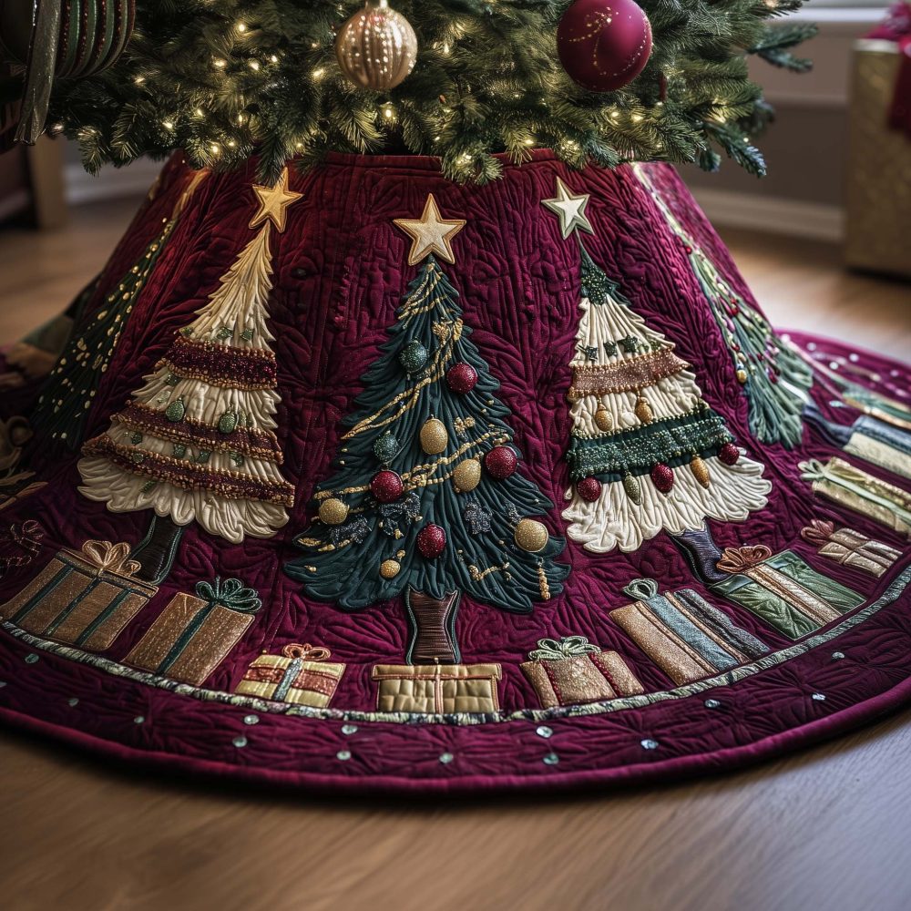 Starry Winter Trees Christmas Tree Skirt - Custom Made-To-Order Holiday Skirt With Sparkling Night Forest Design