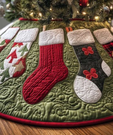 Festive Hanging Stockings Tree Skirt - Custom Made-To-Order Christmas Tree Skirt With Stocking Motif For Seasonal Mantels