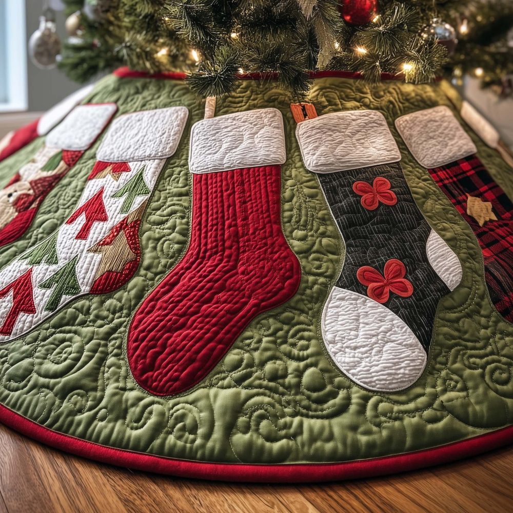 Festive Hanging Stockings Tree Skirt - Custom Made-To-Order Christmas Tree Skirt With Stocking Motif For Seasonal Mantels