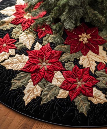 Bold Black Tree Skirt With Red Poinsettias - Custom Elegant Christmas Tree Skirt, Luxury Holiday Centerpiece Accent, Handmade