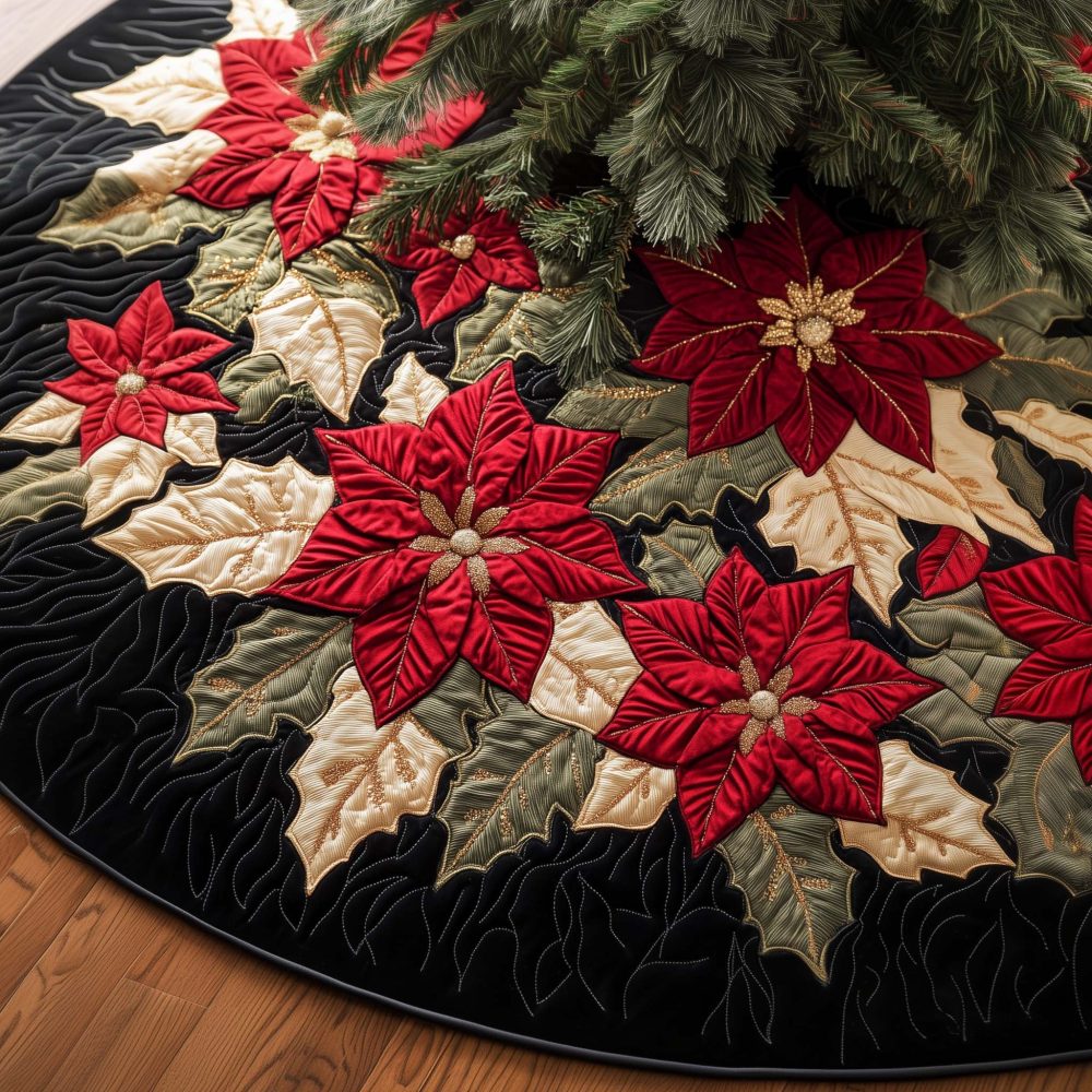 Bold Black Tree Skirt With Red Poinsettias - Custom Elegant Christmas Tree Skirt, Luxury Holiday Centerpiece Accent, Handmade